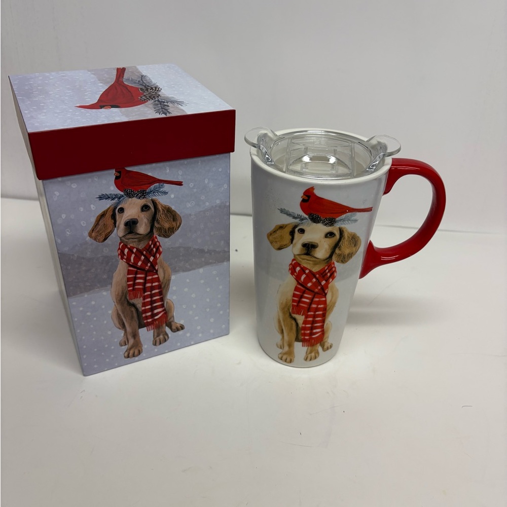 Evergreen Dog and Cardinal Travel Mug with Red Handle with Box NWT